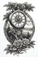 broken clock, dark forest in the background tattoo design idea