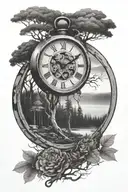 broken clock, dark forest in the background tattoo design idea