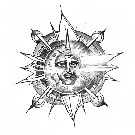 Caravaca cross with sun, moon and star above it in each corner of the arms of the cross tattoo design idea