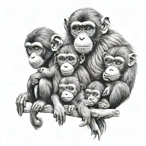 A realistic portrait of a mother monkey cuddling her three baby monkeys, each representing one of your children tattoo design idea