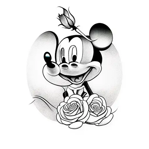A realistic portrait of Mickey Mouse with a rose flower crown tattoo design idea