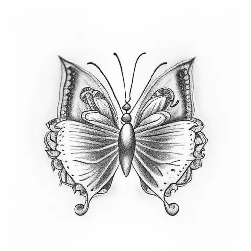 A butterfly attached to a lotus flower by a heart ratchet, realistic in black and white tattoo design idea