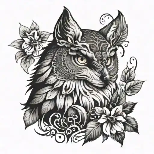 wolf owl exotic plant tattoo design idea