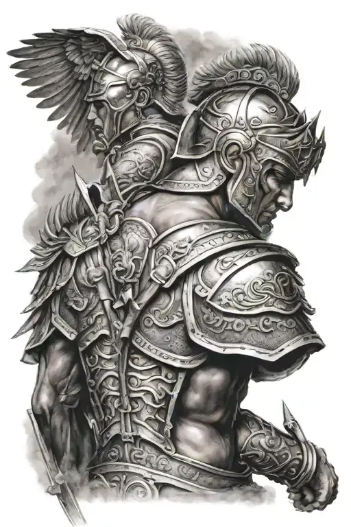 roman warrior with evil and angel on his back sids tattoo design idea