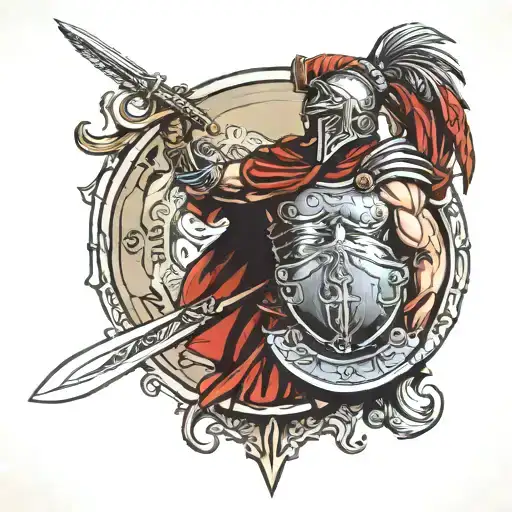 roman warrior with sword and shield staring tattoo design idea