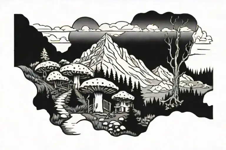 Swiss mountain range with an old lady gathering mushrooms  tattoo design idea