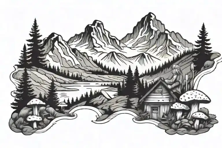 Swiss mountain range with an old lady collecting mushrooms  tattoo design idea