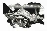 Swiss mountain range with an old lady gathering mushrooms  tattoo design idea