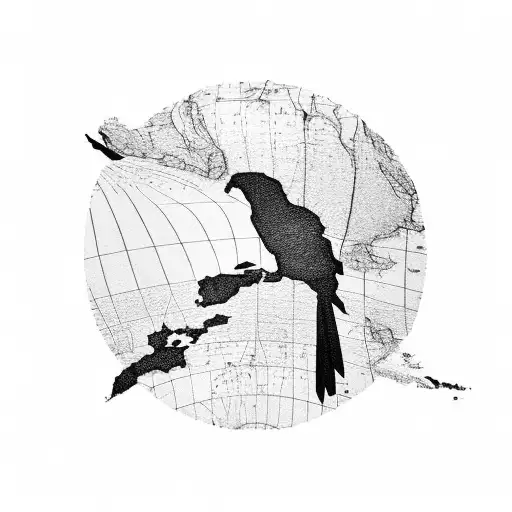 A silhouette of New Zealand's iconic Kiwi bird flying above a map of the country, combining the client's occupation and love for travel tattoo design idea