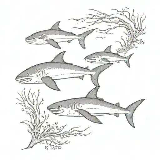 A blackwork tattoo design featuring a school of ocean fish swimming around a coral reef, with a majestic shark lurking in the background tattoo design idea