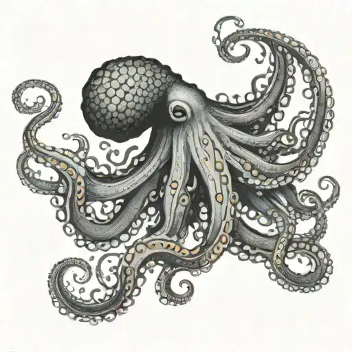 A dotwork tattoo design of an octopus gracefully moving through the ocean depths, surrounded by swirling currents and colorful coral tattoo design idea