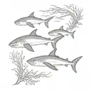 A blackwork tattoo design featuring a school of ocean fish swimming around a coral reef, with a majestic shark lurking in the background tattoo design idea