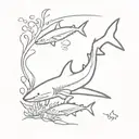 A blackwork tattoo design featuring a school of ocean fish swimming around a coral reef, with a majestic shark lurking in the background tattoo design idea