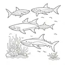 A blackwork tattoo design featuring a school of ocean fish swimming around a coral reef, with a majestic shark lurking in the background tattoo design idea