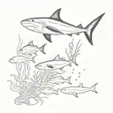 A blackwork tattoo design featuring a school of ocean fish swimming around a coral reef, with a majestic shark lurking in the background tattoo design idea