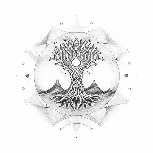 vegvisir top tree of life only with branches, in the middle of the branches a witches knot tattoo design idea