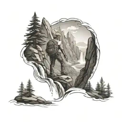 An intricate design of a steel worker hiking up a mountain, with a waterfall in the background, representing your passion for both your job and the outdoors tattoo design idea