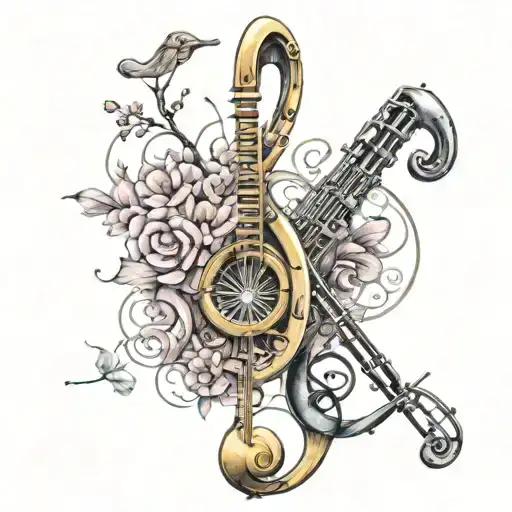 treble clef, old microphones, sakura flower, bass clef tattoo design idea