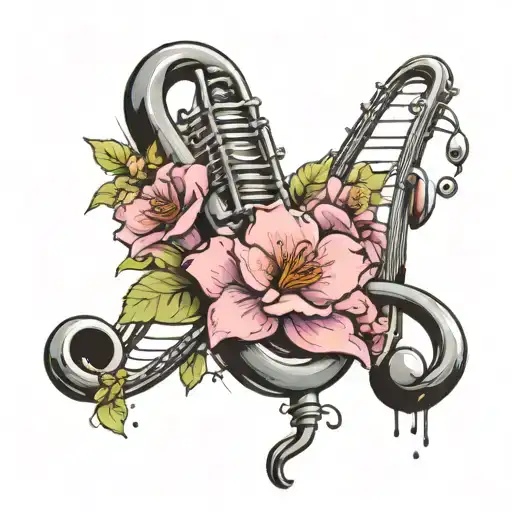 Treble clef, old microphone, bass clef, sakura flowers, no instruments tattoo design idea