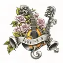 Treble clef, old microphone, bass clef, sakura flowers, no instruments tattoo design idea
