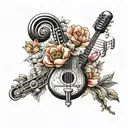 Treble clef, old microphone, bass clef, sakura flowers, no instruments tattoo design idea