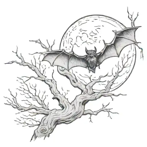 close up of a bat hanging upside down off a spooky tree in a graveyard at night time with full moon tattoo design idea