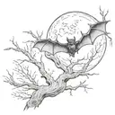 close up of a bat hanging upside down off a spooky tree in a graveyard at night time with full moon tattoo design idea