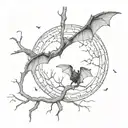 close up of a bat hanging upside down off a spooky tree in a graveyard at night time with full moon tattoo design idea