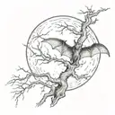 close up of a bat hanging upside down off a spooky tree in a graveyard at night time with full moon tattoo design idea
