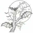 close up of a bat hanging upside down off a spooky tree in a graveyard at night time with full moon tattoo design idea
