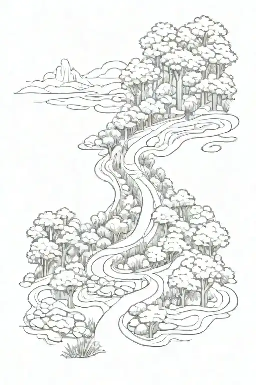 A running trail winding through a forest, with hidden shapes and symbols along the path tattoo design idea