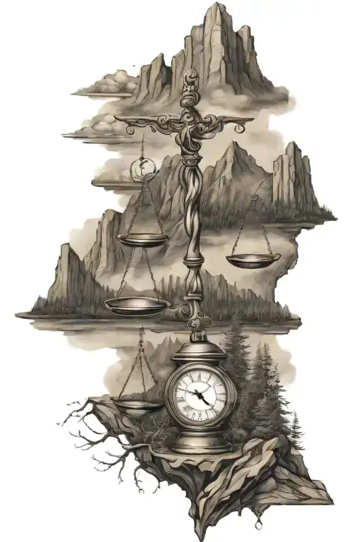 A legal scales of justice design with mountain peaks and running trails intertwining around it, symbolizing the client's dual interests in law and outdoor activities tattoo design idea