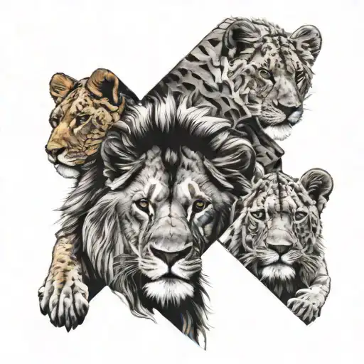 half geometric lion face with 3 cubs tattoo design idea