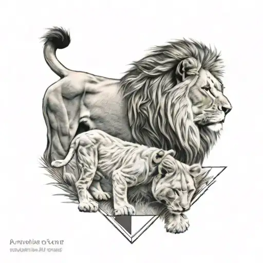 half geometric lion with 3 cubs playing  tattoo design idea