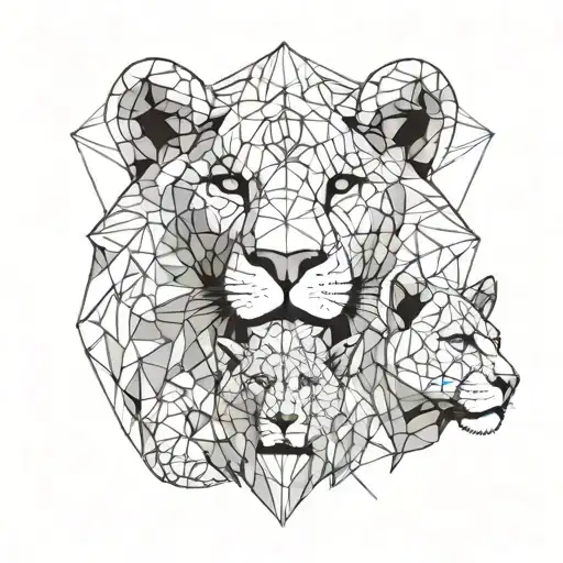 half realistic half geometric lion with 3 cubs tattoo design idea