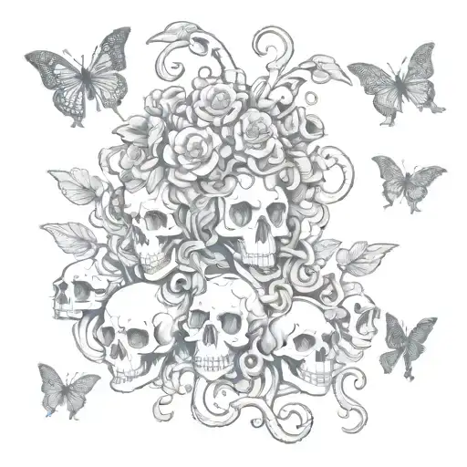 medusa, skull and moths fluttering around mushrooms tattoo design idea