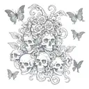 medusa, skull and moths fluttering around mushrooms tattoo design idea