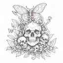 medusa, skull and moths fluttering around mushrooms tattoo design idea