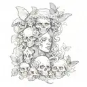medusa, skull and moths fluttering around mushrooms tattoo design idea