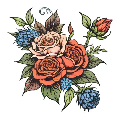 rose daisy thistle tied together tattoo design idea
