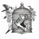 A girl opening a birdcage tattoo design idea