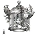 A girl opening a birdcage tattoo design idea