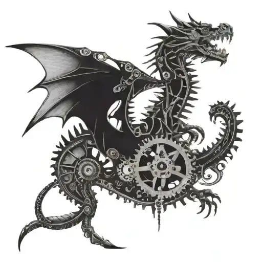 A mechanical dragon tattoo incorporating elements of carpentry tools and machinery tattoo design idea