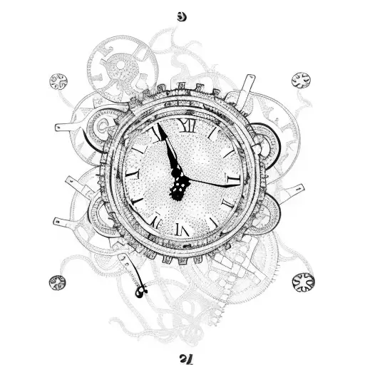 Clock with gears and mechanical elements intertwined with vines and flowers tattoo design idea