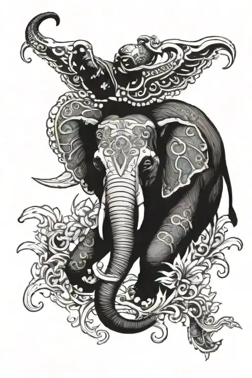 Scuba diver, elephant adorned with traditional tattoo design idea