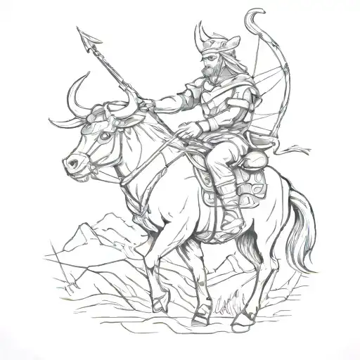 A sketch style tattoo of a sagittarius archer riding an ox through a musical staff landscape tattoo design idea