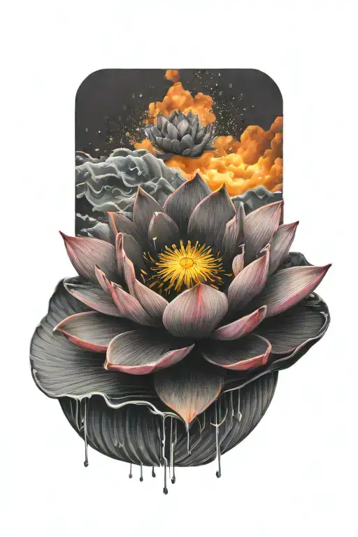Black lotus flower, geometric, falling, heavy black clouds, curvature, floating on water,  rain  tattoo design idea