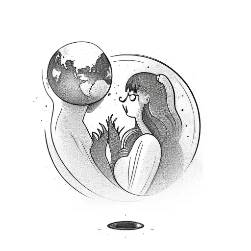 Couple in love looking at planet in sky with rings tattoo design idea