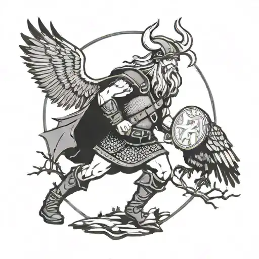 A Viking warrior holding a Bible and a shield, surrounded by crows and pine trees tattoo design idea
