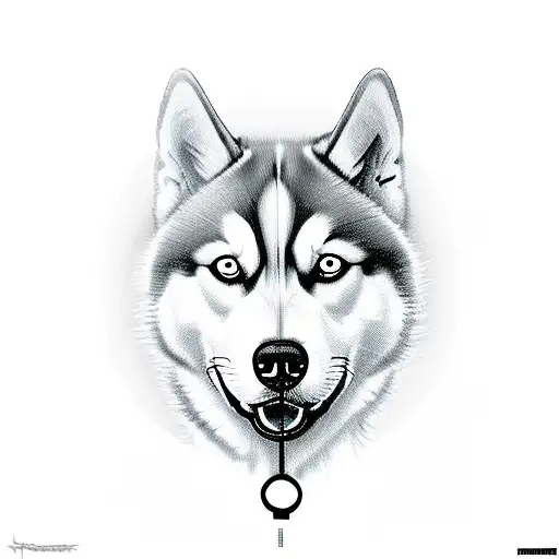 Husky with clock and Roses  tattoo design idea